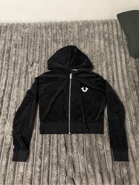 True Religion Black Velvet Zip-Up Hooded Bomber